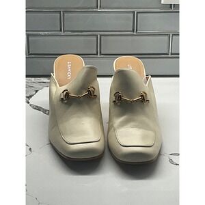 LISA VICKY MAJOR Natural Sheep Napa Mules Block Heel Gold Buckle Square Toe 11 M